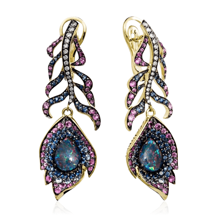 Серьги Жар- Птица с опалом, белыми и розовыми сапфирами из желтого золота 585 пробы (арт. 67449)