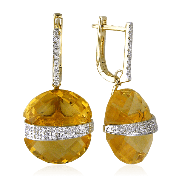 Серьги с бриллиантами, цитрином из желтого золота 585 пробы, фото № 1