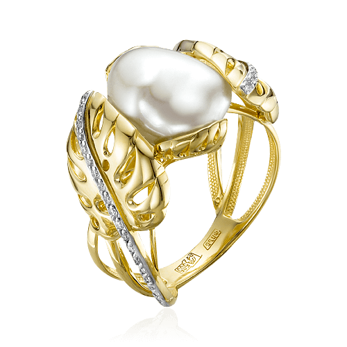 Кольцо с жемчугом, бриллиантами из желтого золота 585 пробы (арт. 66231)