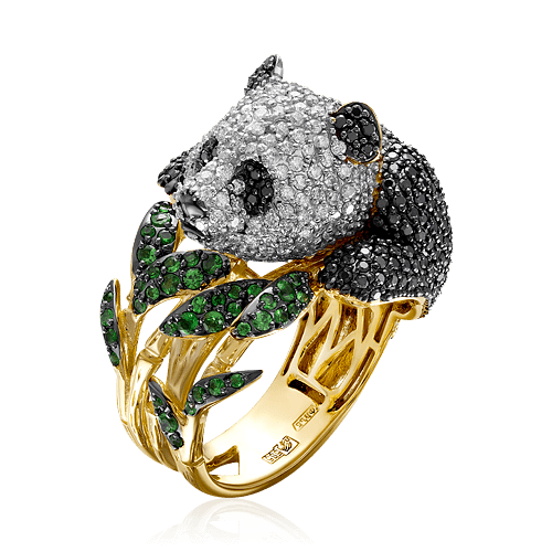 Кольцо Панда с тсаворитами, бриллиантами из комбинированного золота 585 (арт. 68264)