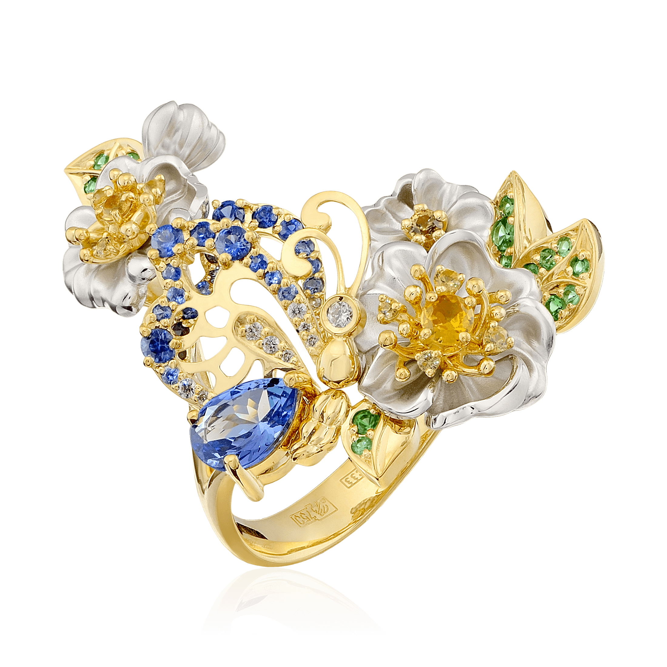 Кольцо Цветы с танзанитом, сапфиром, бриллиантами, тсаворитом из желтого золота 750 пробы, фото № 1