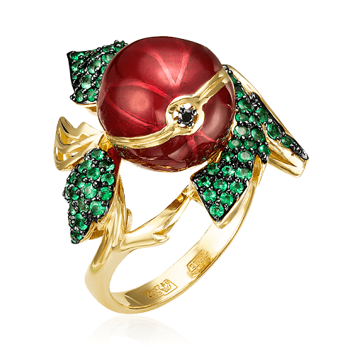 Кольцо Крыжовник с изумрудом, бриллиантами, эмалью из желтого золота 585 пробы, фото № 1