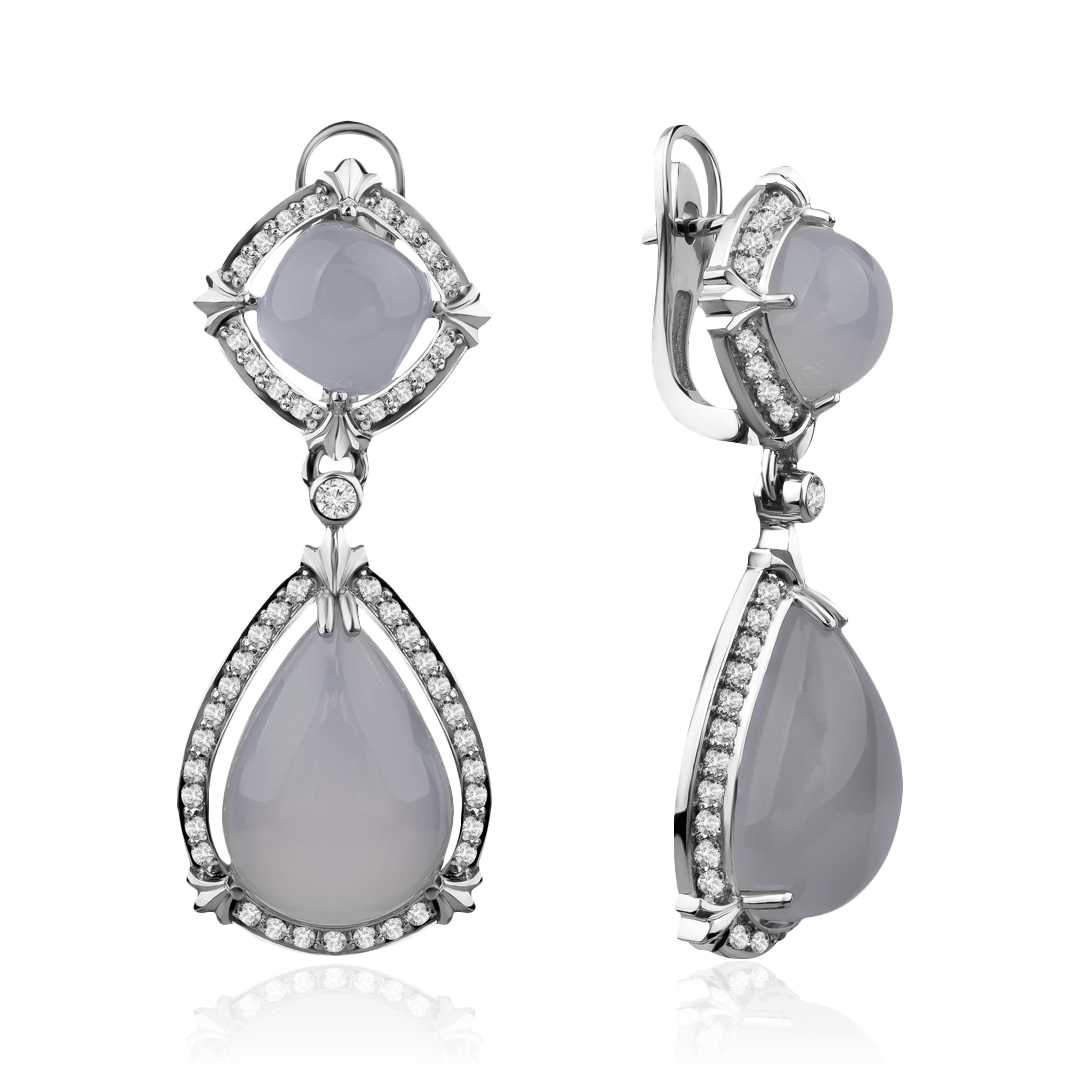 Серьги с бриллиантами, халцедоном из белого золота 585 пробы, фото № 1
