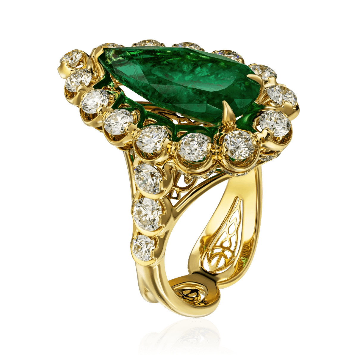 Кольцо с изумрудом, бриллиантами из желтого золота 750 пробы, фото № 2