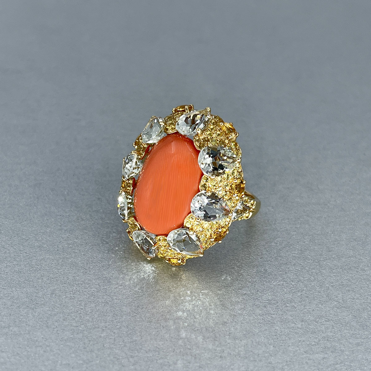 Кольцо с сапфиром, цитрином, кораллом, празиолитом из желтого золота 585 пробы, фото № 3