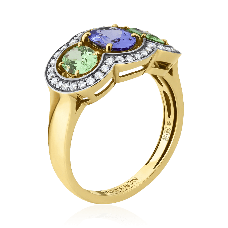 Кольцо с танзанитом, тсаворитом, бриллиантами из комбинированного золота 750 пробы (арт. 89870)