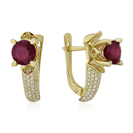 Серьги с рубином, бриллиантами из желтого золота 750 пробы (арт. 18230)