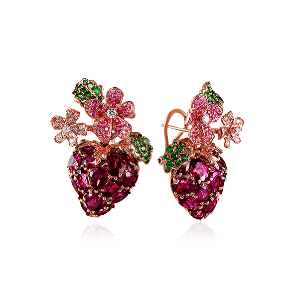 Серьги Цветущая клубника с родолитом, бриллиантами, розовыми сапфирами, тсаворитами из красного золота 585 пробы (арт. 43617)
