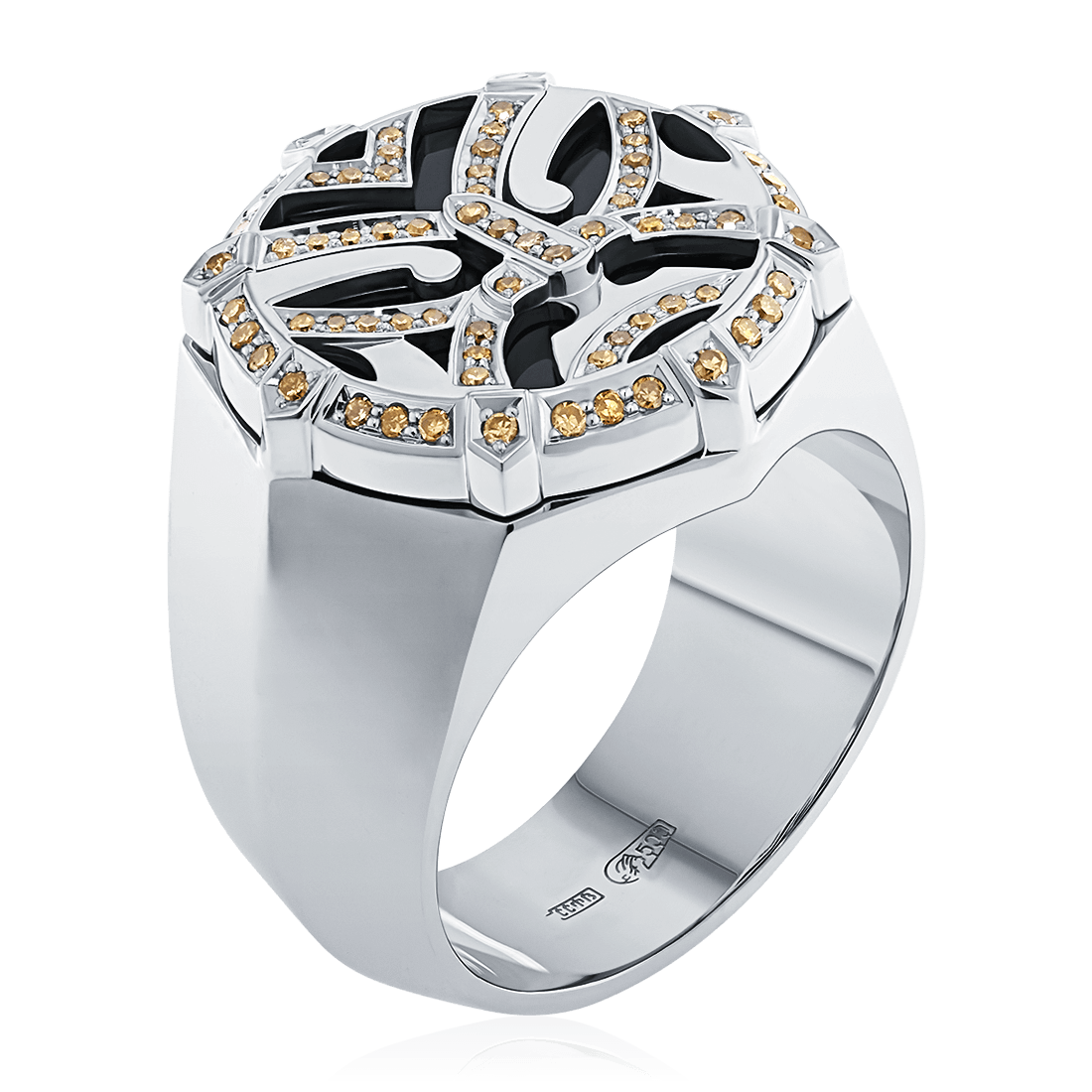 Кольцо Маори с ониксом, бриллиантами из палладия 500 пробы, фото № 1