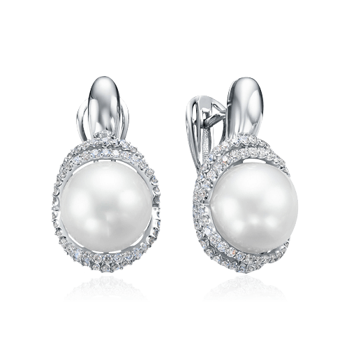 Серьги с жемчугом, бриллиантами из белого золота 585 пробы (арт. 72848)
