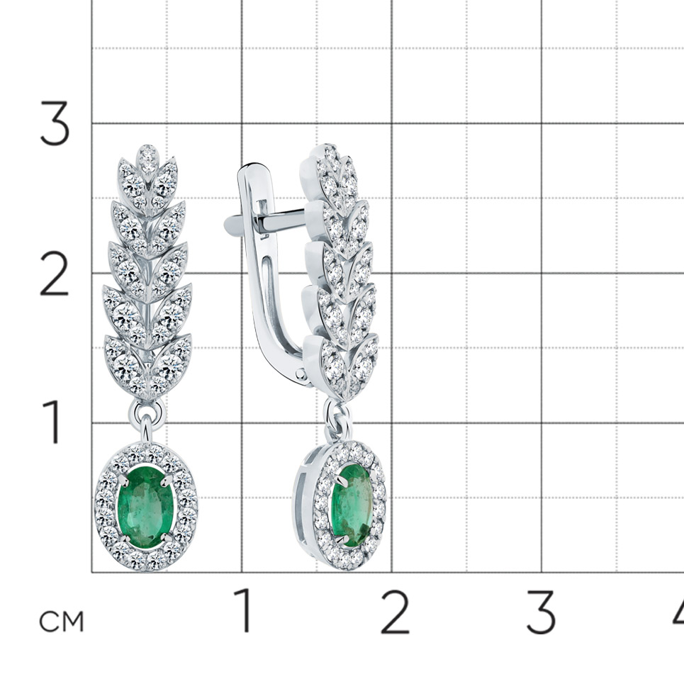 Серьги с изумрудом, бриллиантами из белого золота 585 пробы, фото № 2
