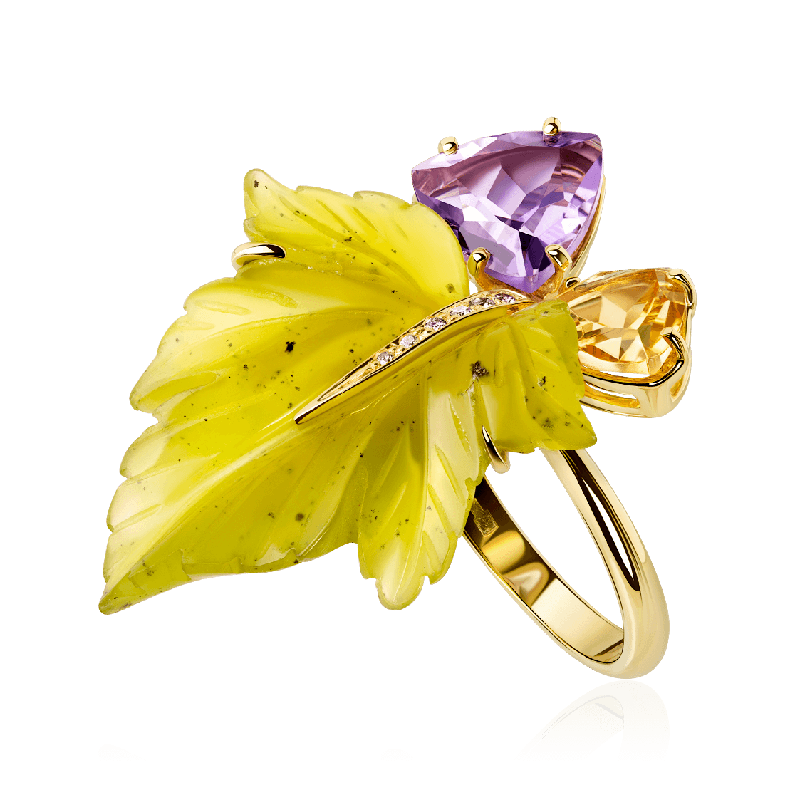 Кольцо с серпентином, аметистом, цитрином, бриллиантами из желтого золота 585 пробы, фото № 1