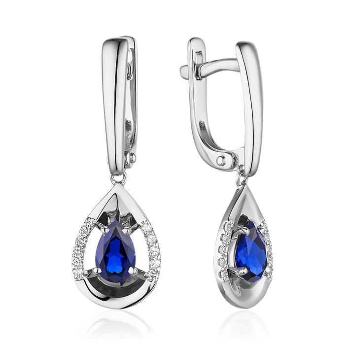 Серьги с сапфиром, бриллиантами из белого золота 585 пробы, фото № 1