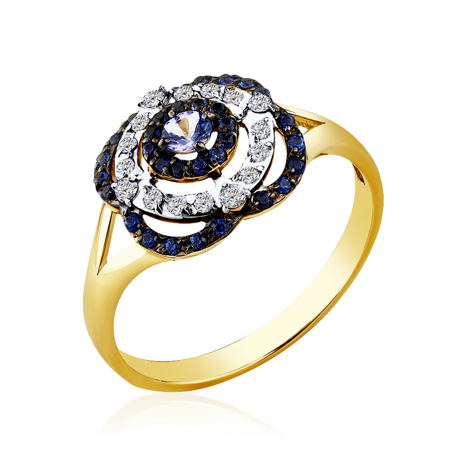 Кольцо с танзанитом, сапфиром, бриллиантами из желтого золота 585 пробы, фото № 1