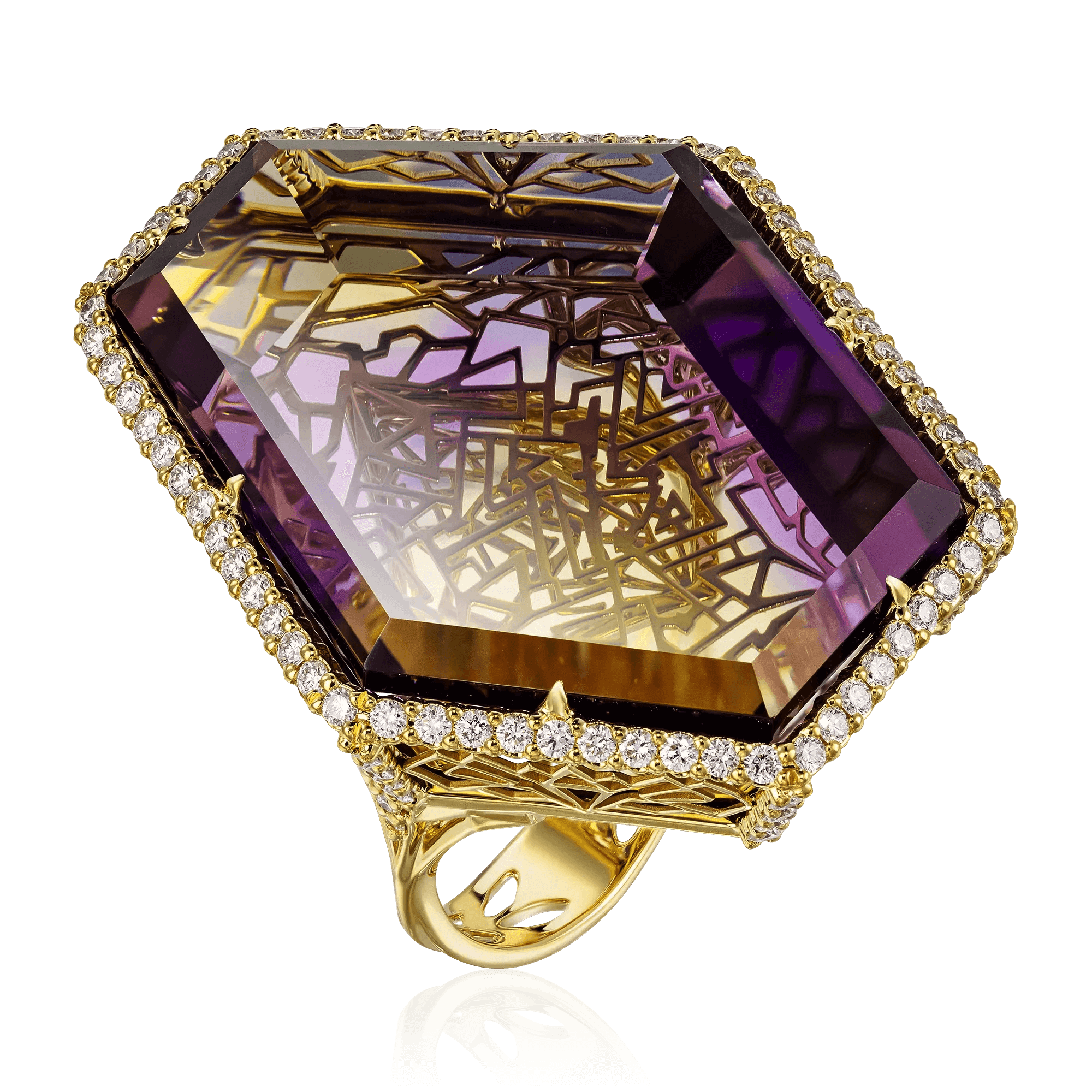 Кольцо с аметрином, бриллиантами из желтого золота 750 пробы, фото № 1