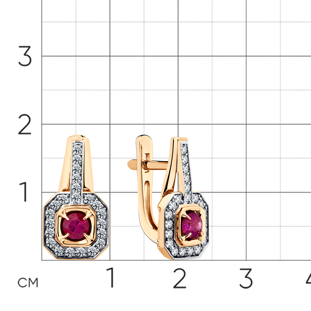 Серьги с рубином, бриллиантами из красного золота 585 пробы, фото № 2