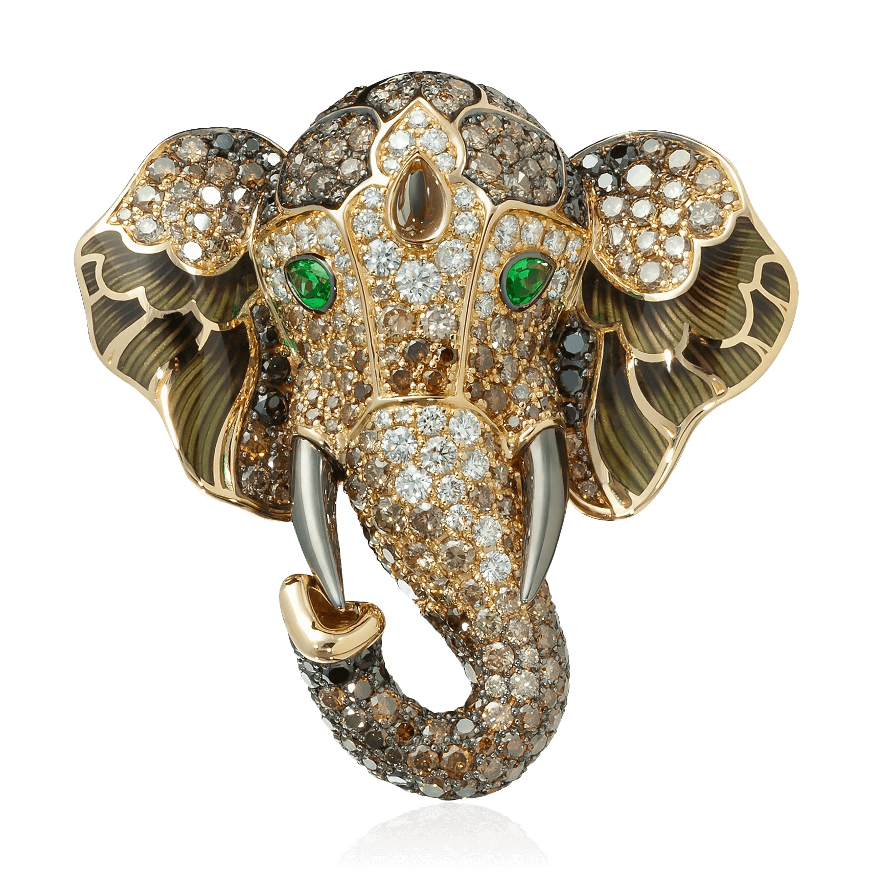Кольцо Слон с бриллиантами, турмалином, тсаворитом, эмалью из желтого золота 750 пробы, фото № 1