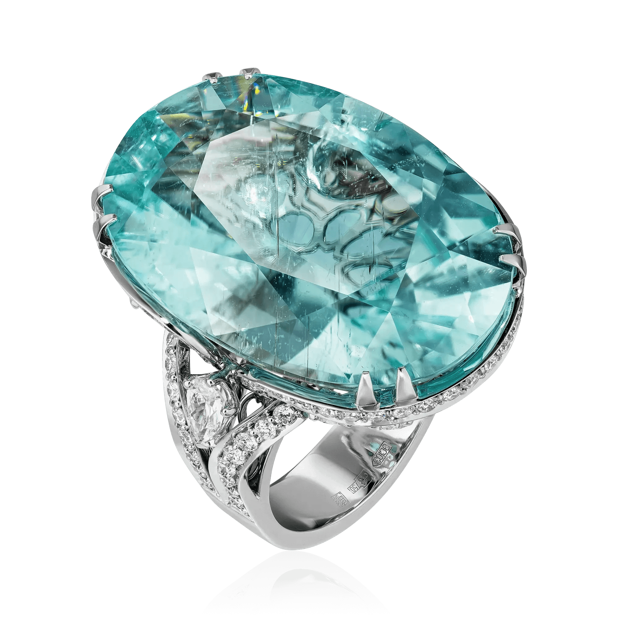 Кольцо с турмалином Параиба, бриллиантами из белого золота 750 пробы, фото № 1
