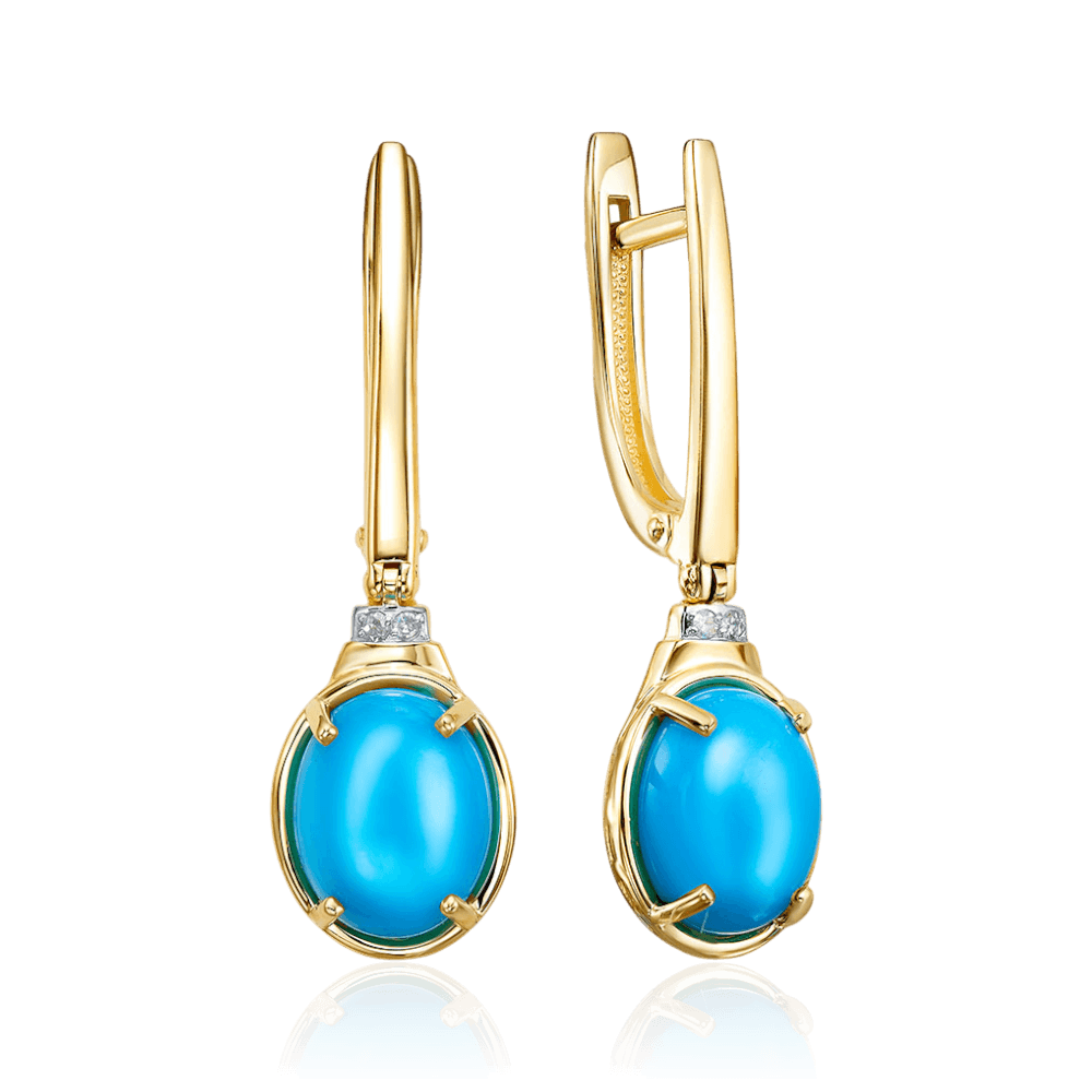 Серьги с бирюзой, бриллиантами из желтого золота 585 пробы (арт. 132290)