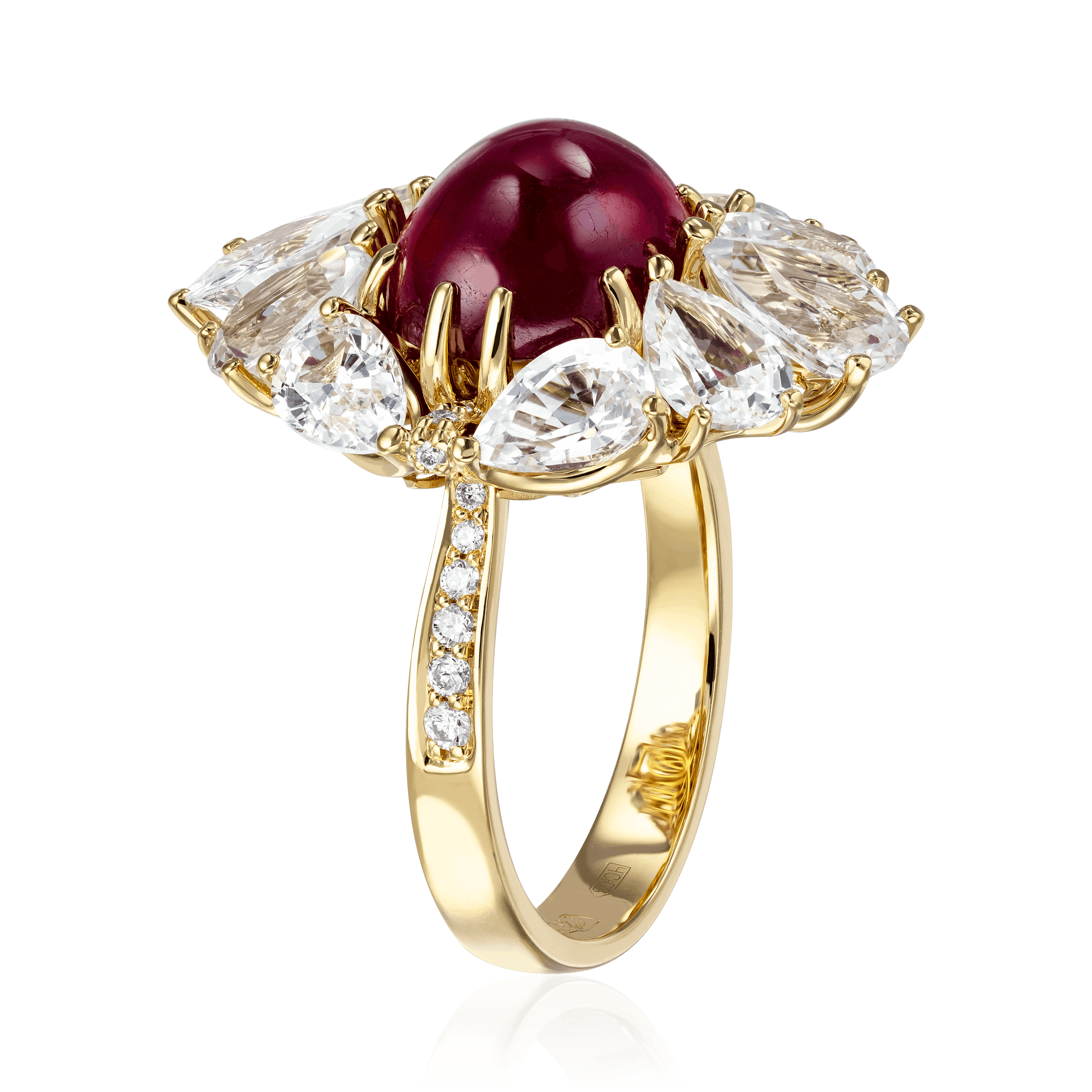 Кольцо с рубином, белыми сапфирами, бриллиантами из желтого золота 750 пробы, фото № 3