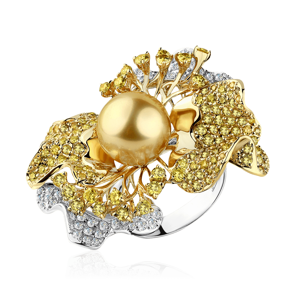Кольцо с бриллиантами, жемчугом из комбинированного золота 585 пробы (арт. 104403)
