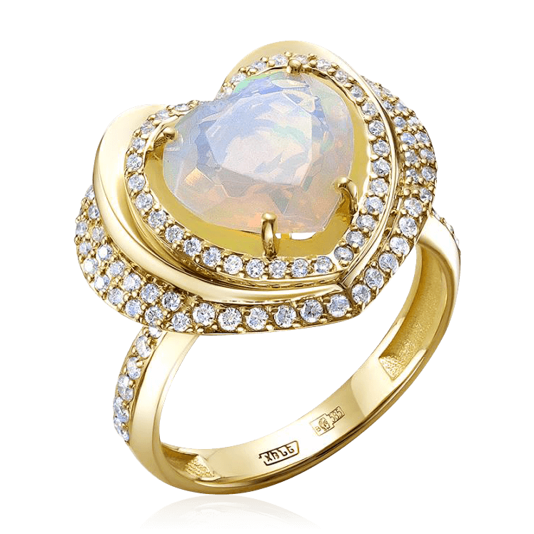 Кольцо сердце с опалом, бриллиантами из желтого золота 585 пробы, фото № 1