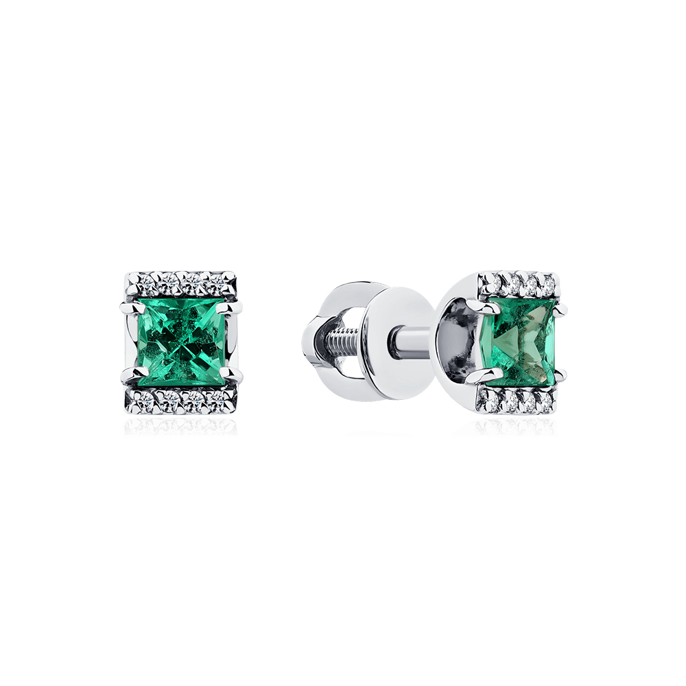 Серьги с изумрудом, бриллиантами из белого золота 585 пробы, фото № 1
