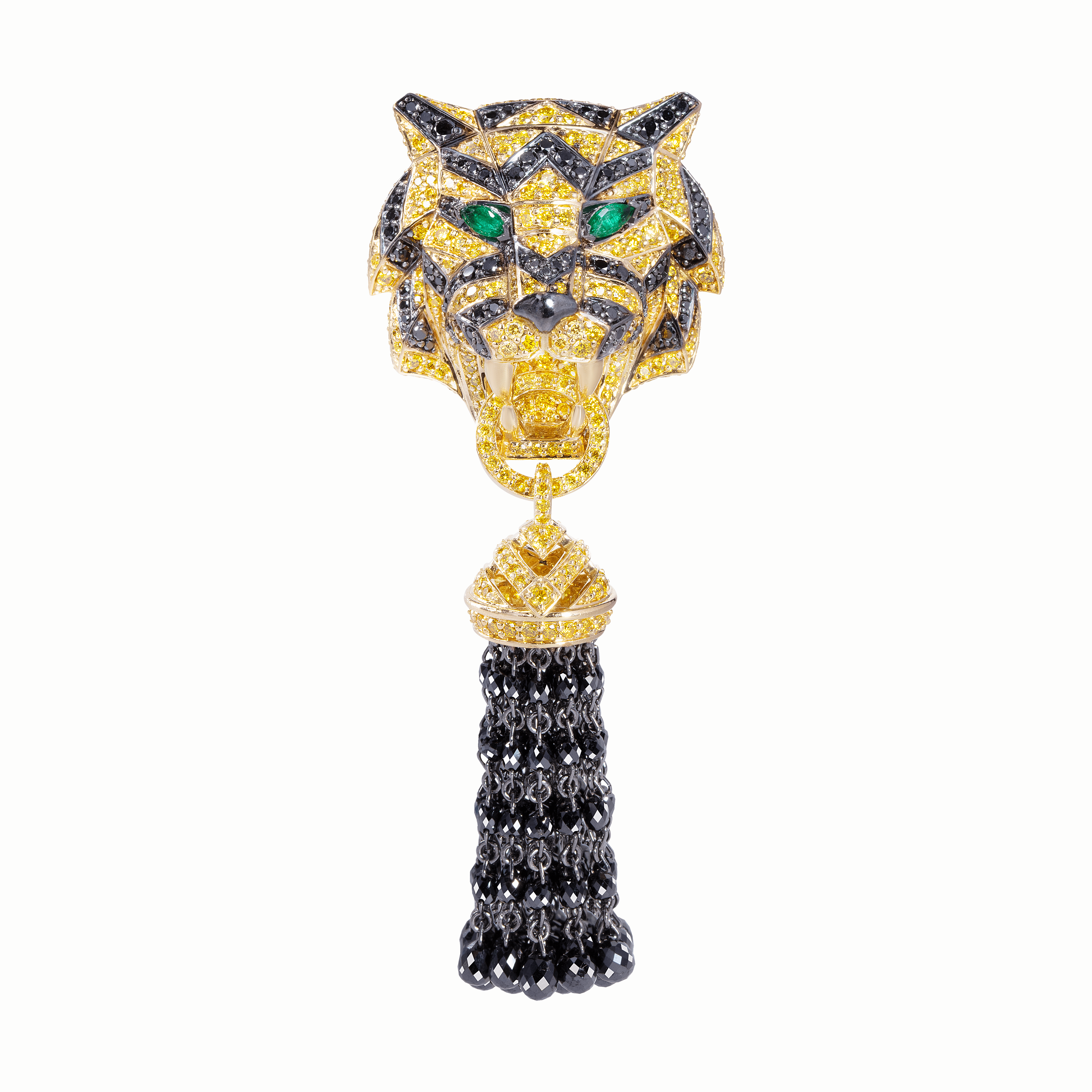 Кольцо кисть Тигр с изумрудами, бриллиантами из желтого золота 750 пробы, фото № 1