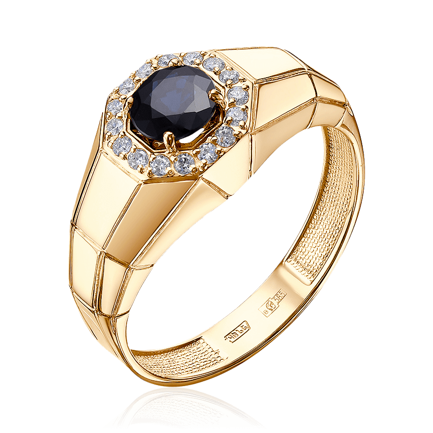 Мужское кольцо с сапфиром, бриллиантами из красного золота 585 пробы (арт. 91328)