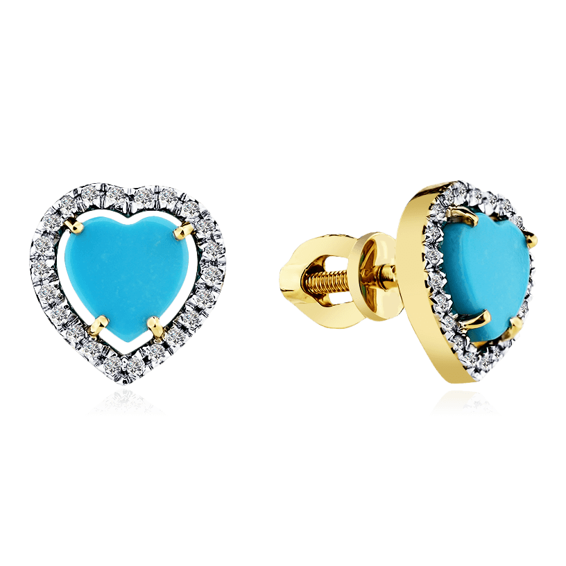 Серьги в виде сердец с бриллиантами, бирюзой из желтого золота 585 пробы, фото № 1