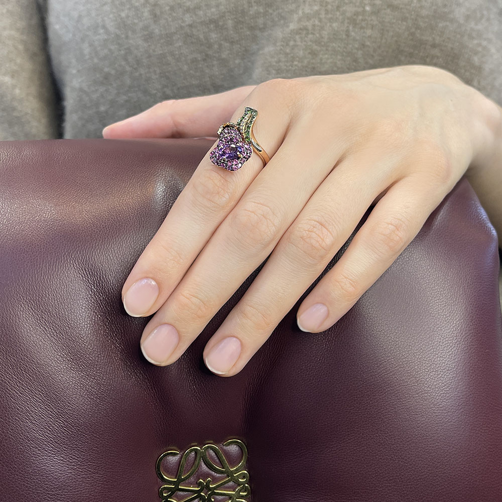 Кольцо с аметистом, розовыми сапфирами, тсаворитом, бриллиантами из красного золота 585 пробы, фото № 2