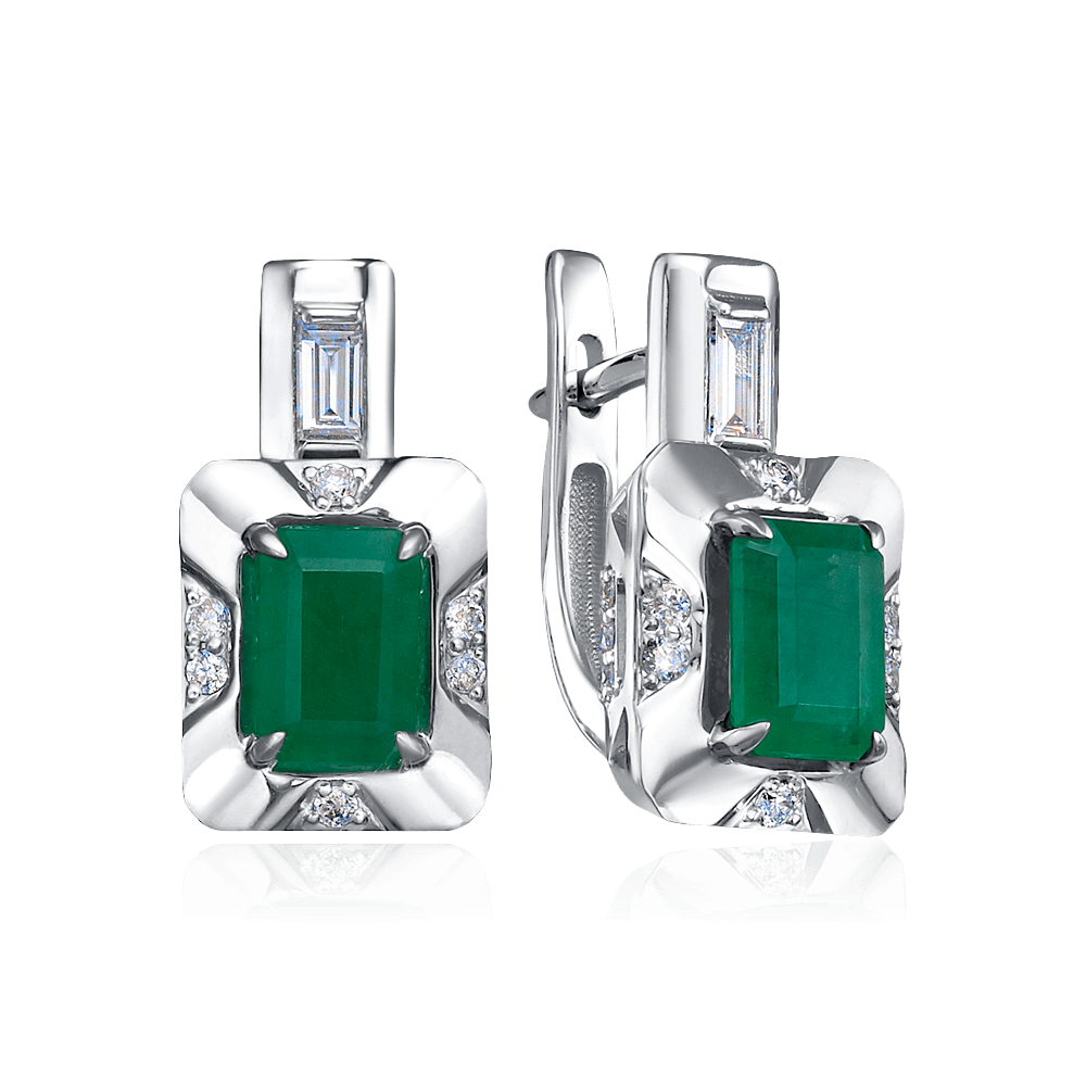 Серьги с бриллиантами, изумрудом из белого золота 585 пробы (арт. 117888)