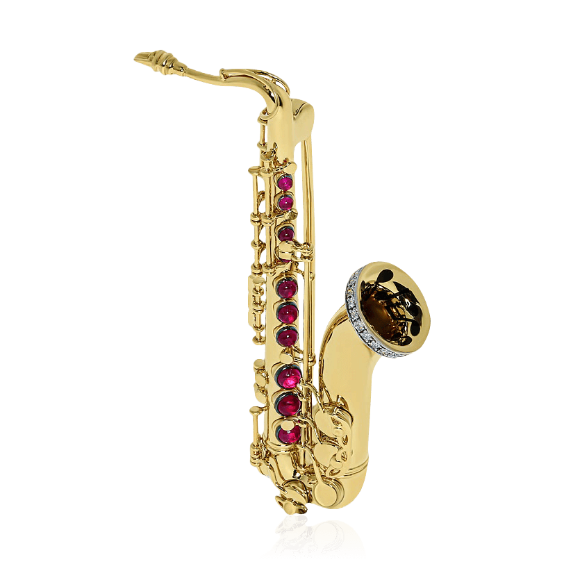 Брошь Саксофон с рубином, бриллиантами из желтого золота 750 пробы (арт. 86417)