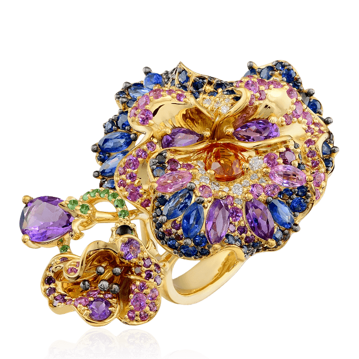 Кольцо в виде цветка с сапфиром, бриллиантами, аметистом из комбинированного золота 750 пробы (арт. 40027)