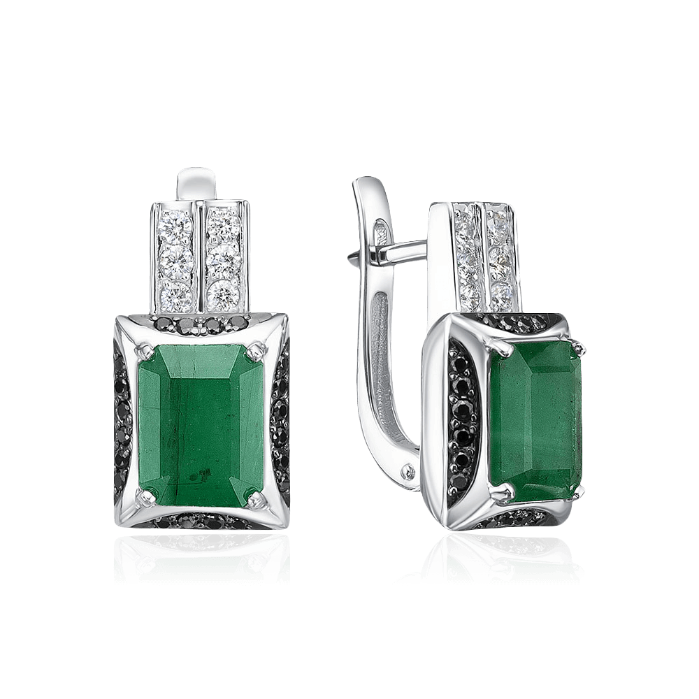 Серьги с изумрудом, бриллиантами из белого золота 585 пробы (арт. 124080)