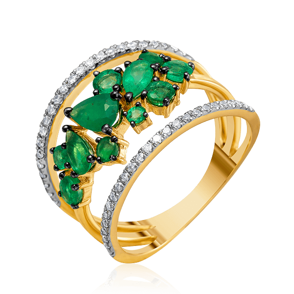 Кольцо с изумрудами, бриллиантами из желтого золота 585 пробы, фото № 1