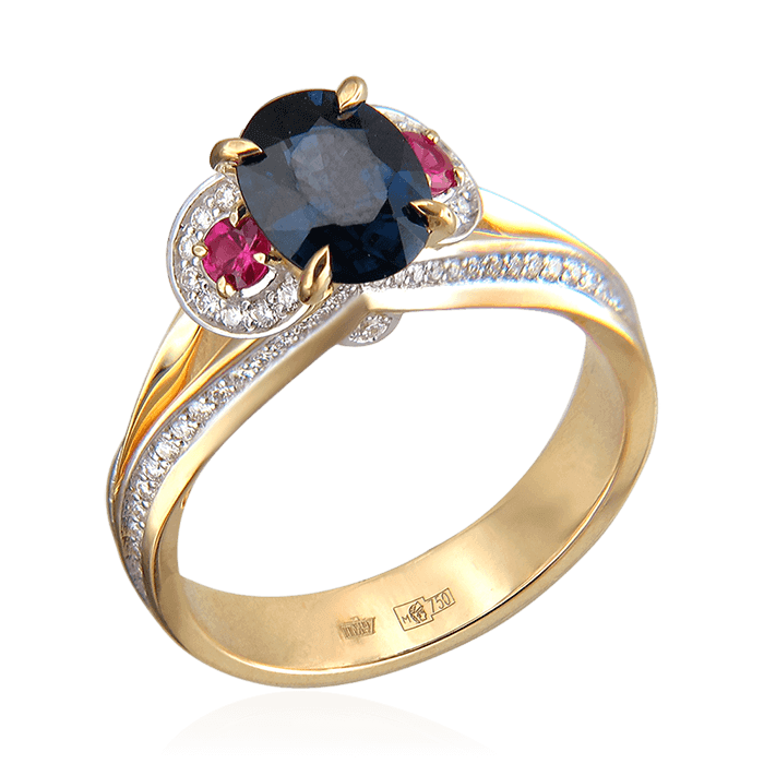 Кольцо с сапфиром, бриллиантами из желтого золота 750 пробы (арт. 72445)