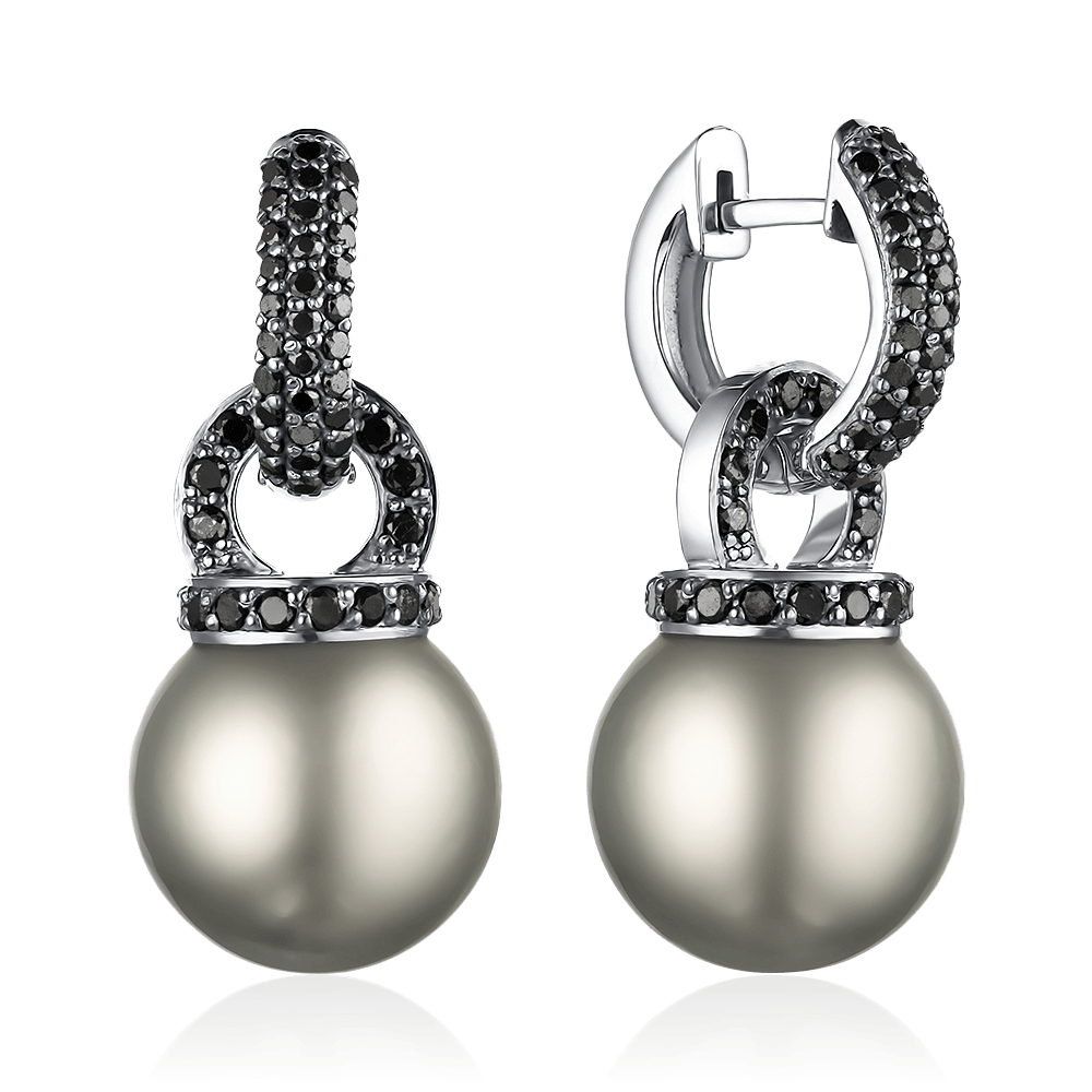 Серьги с жемчугом, бриллиантами из белого золота 585 пробы (арт. 88474)