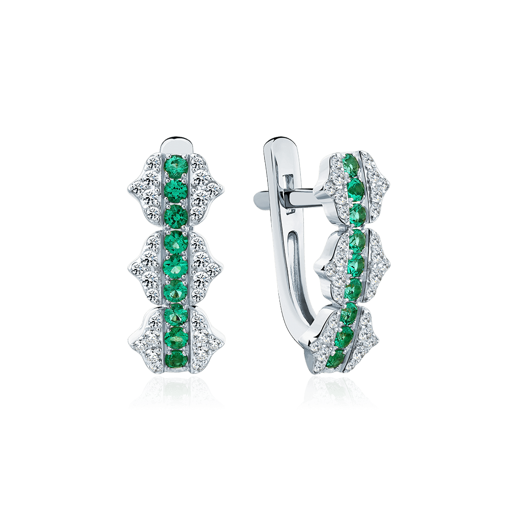 Серьги с изумрудом, бриллиантами из белого золота 585 пробы (арт. 126374)