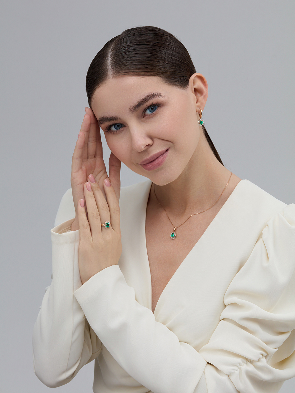 Серьги с бриллиантами, изумрудом из красного золота 585 пробы, фото № 3