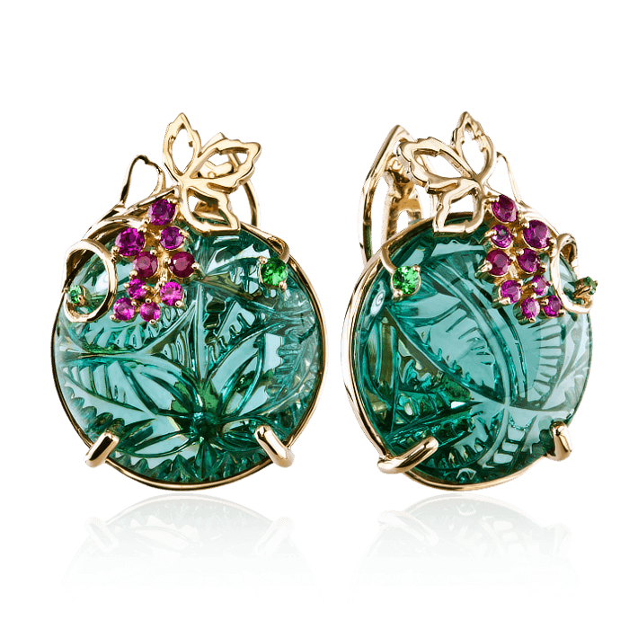 Серьги Рябина с празеолитом, рубином, тсаворитом из желтого золота 585 пробы (арт. 48002)