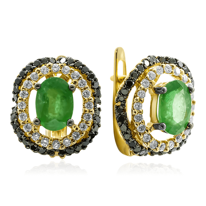 Серьги с бриллиантами, изумрудом из желтого золота 585 пробы (арт. 69191)