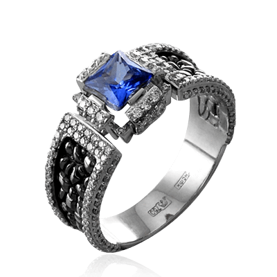 Мужское кольцо с сапфиром, бриллиантами из белого золота 585 пробы, фото № 1