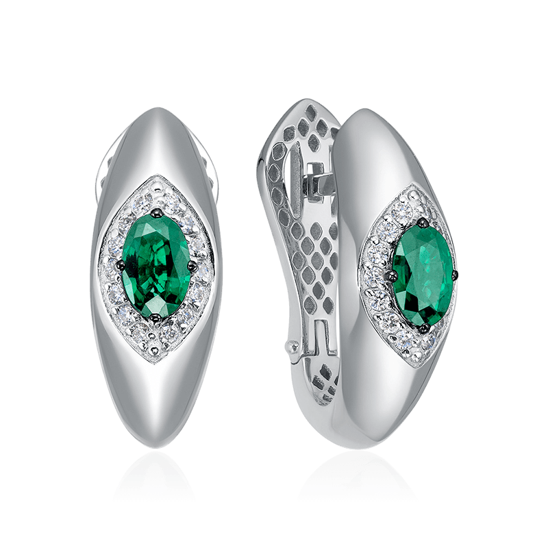 Серьги с изумрудом, бриллиантами из белого золота 585 пробы (арт. 125929)