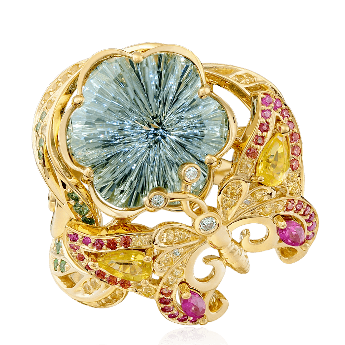 Кольцо в виде бабочки с празиолитом, тсаворитом, цветными сапфирами, бриллиантами из желтого золота 750 пробы, фото № 2