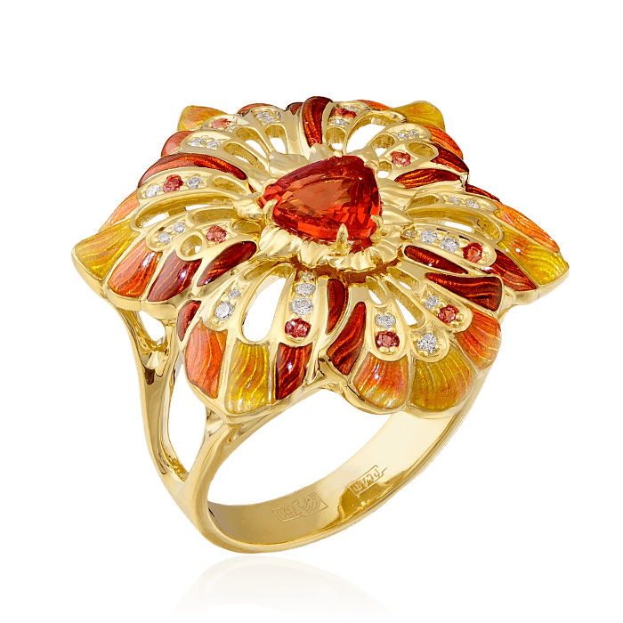 Кольцо Цветок с бриллиантами, эмалью, сапфиром фантазийным из желтого золота 750 пробы (арт. 37040)