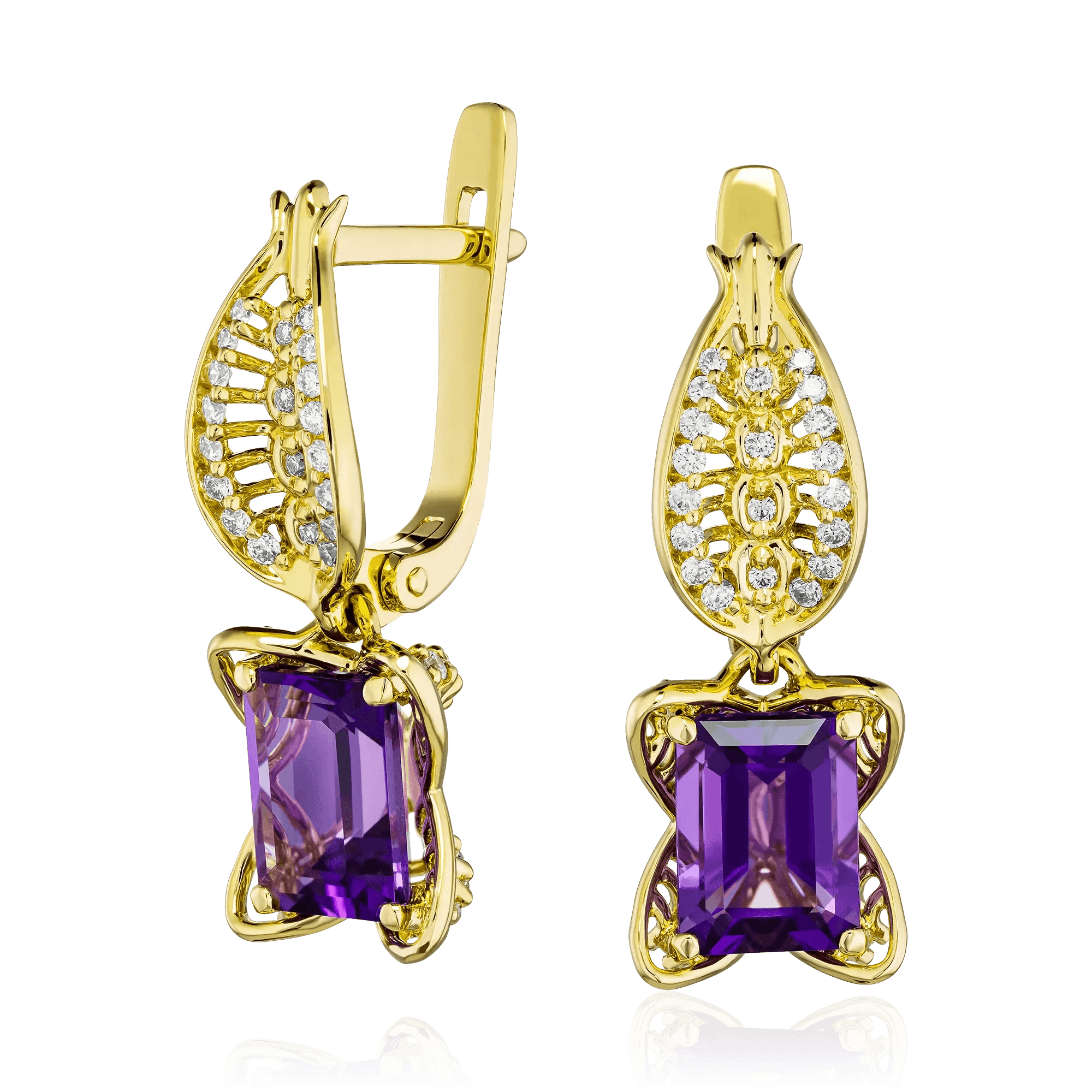 Серьги с аметистом, бриллиантами из желтого золота 750 пробы (арт. 128394)