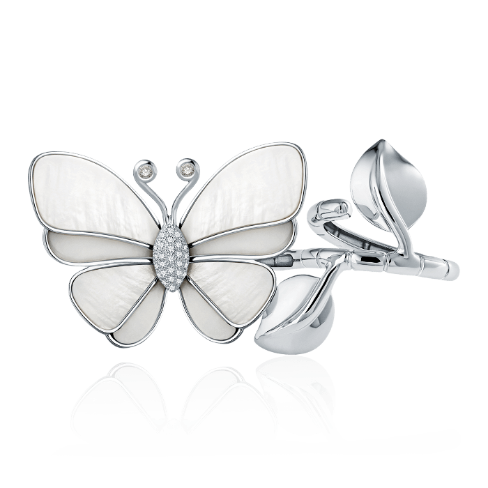 Кольцо в виде бабочки трансформер с перламутром, бриллиантами из белого золота 585 пробы (арт. 48702)