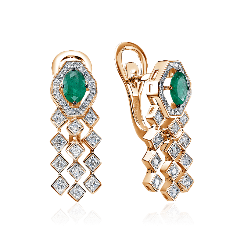 Серьги с изумрудом, бриллиантами из красного золота 585 пробы (арт. 122671)