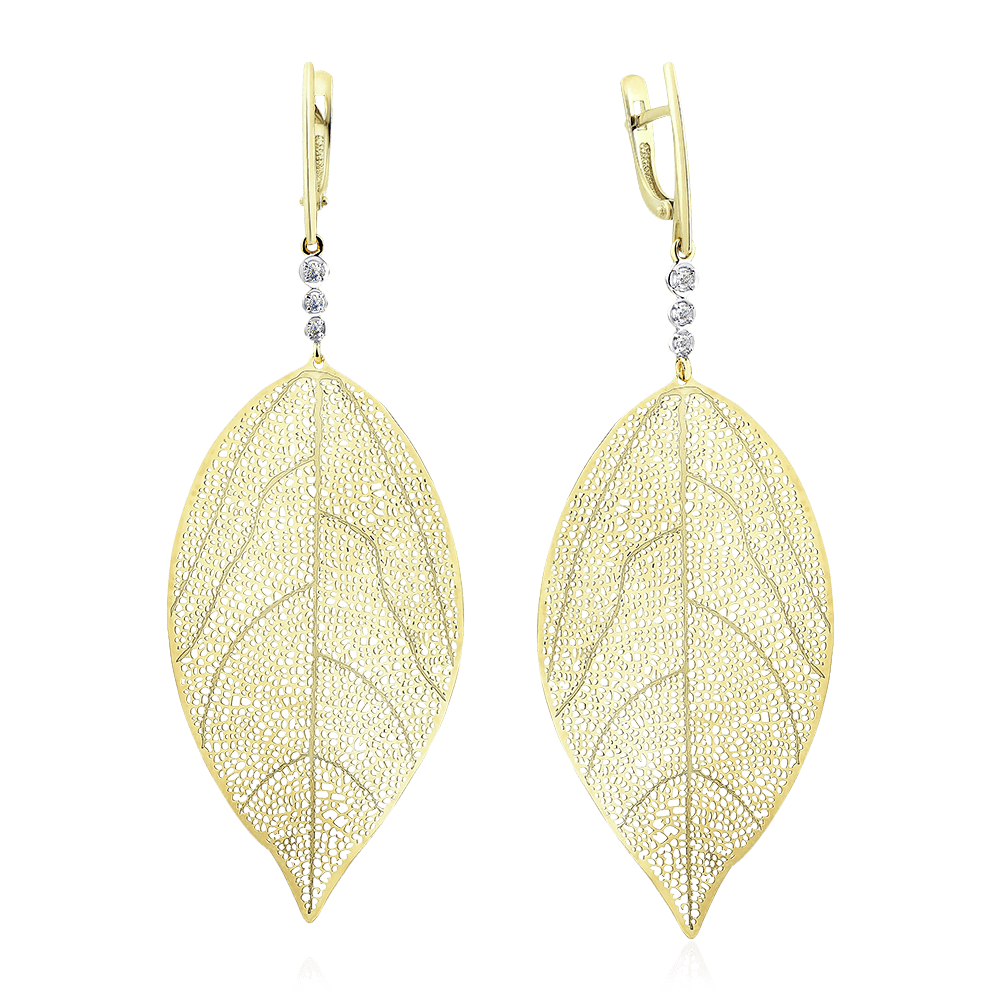 Серьги Лист с бриллиантами из желтого золота 585 пробы, фото № 1